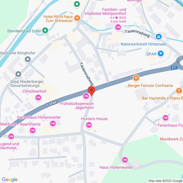 Lehrlingsportal.at Karte, die einen Teil von Lofer, Österreich, zeigt, mit eingezeichneten Straßen, Unternehmen und Sehenswürdigkeiten, darunter Tauernhotel, Frühstückspension Jägerheim und nahe gelegene Apartments und Geschäfte.