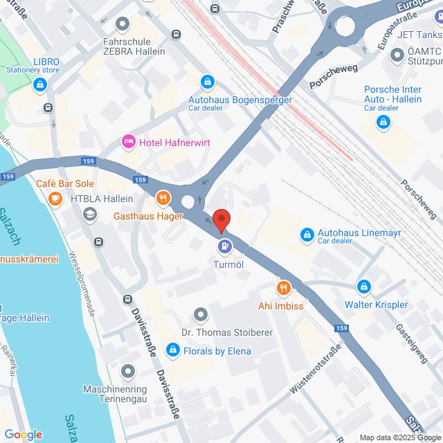 Lehrlingsportal.at Kartenansicht eines Gebiets in Hallein, Österreich, mit Standorten wie Gasthaus Hager, HTLBA Hallein und Ahi Imbiss, mit markierten Hauptstraßen und Wasserstraßen.