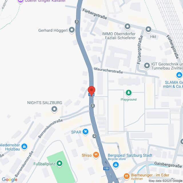 Lehrlingsportal.at Karte der Gegend um die Mauracherstraße und Fürbergstraße in Salzburg. Einschließlich der Standorte von Spielplätzen, Geschäften und umliegenden Straßen. Eine rote Markierung kennzeichnet einen bestimmten Punkt auf der Fürbergstraße.