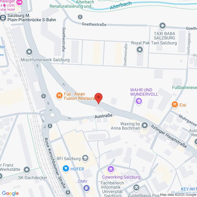 Lehrlingsportal.at Kartenansicht, die einen Ausschnitt von Salzburg, Österreich, zeigt und Unternehmen wie das Fuji-Asian Fusion Restaurant, WAHR UND WUNDERVOLL sowie Standorte wie die Kreuzungen Rosseggerstraße und Austraße hervorhebt.
