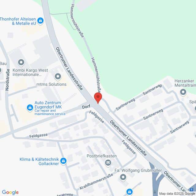 Lehrlingsportal.at Karte, die den Bereich der Obertrumer Landesstraße mit einer roten Markierung in der Nähe der Hammermühlstraße zeigt und nahegelegene Straßen und Geschäfte einträgt.
