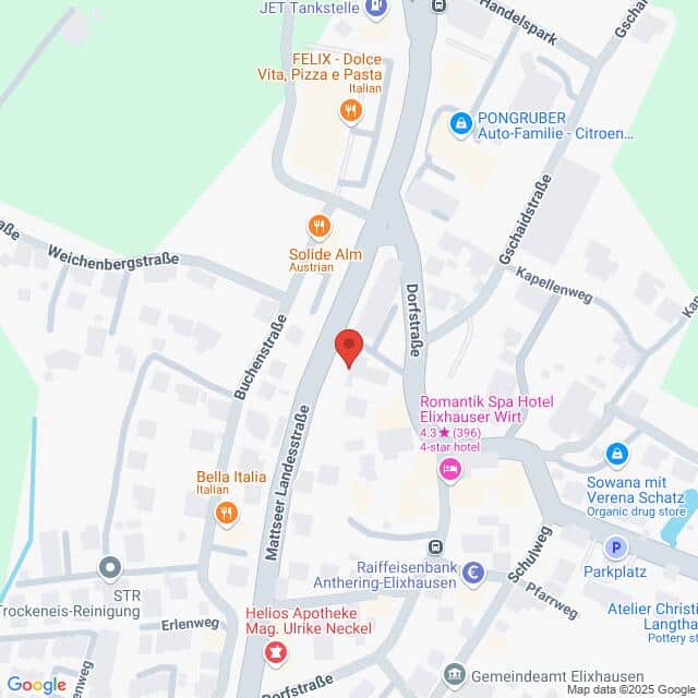 Lehrlingsportal.at Kartenansicht eines Stadtteils mit verschiedenen Geschäften, darunter Restaurants, ein Hotel und eine Bank. Straßen, wie die Mälzerei-Landesstraße, und Orientierungspunkte sind markiert.