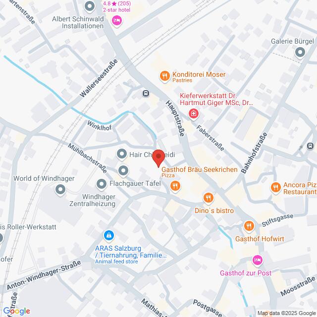 Lehrlingsportal.at Karte mit einem genau markierten Standort in der Nähe des Gasthof Bräu Seekirchen, umgeben von verschiedenen Restaurants, Geschäften und Straßen in Seekirchen am Wallersee, Österreich.