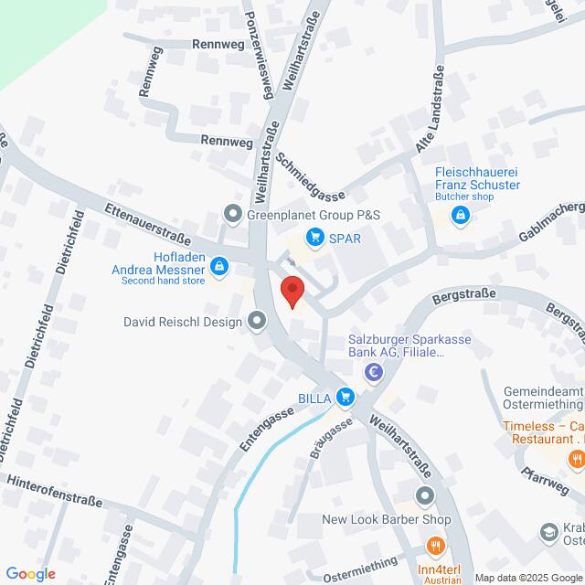 Lehrlingsportal.at Karte eines zentralen Bereichs in Hof bei Salzburg, Österreich, mit hervorgehobenen Geschäften und Straßen und einer roten Stecknadel, die einen bestimmten Punkt in der Weissenbachstraße markiert.