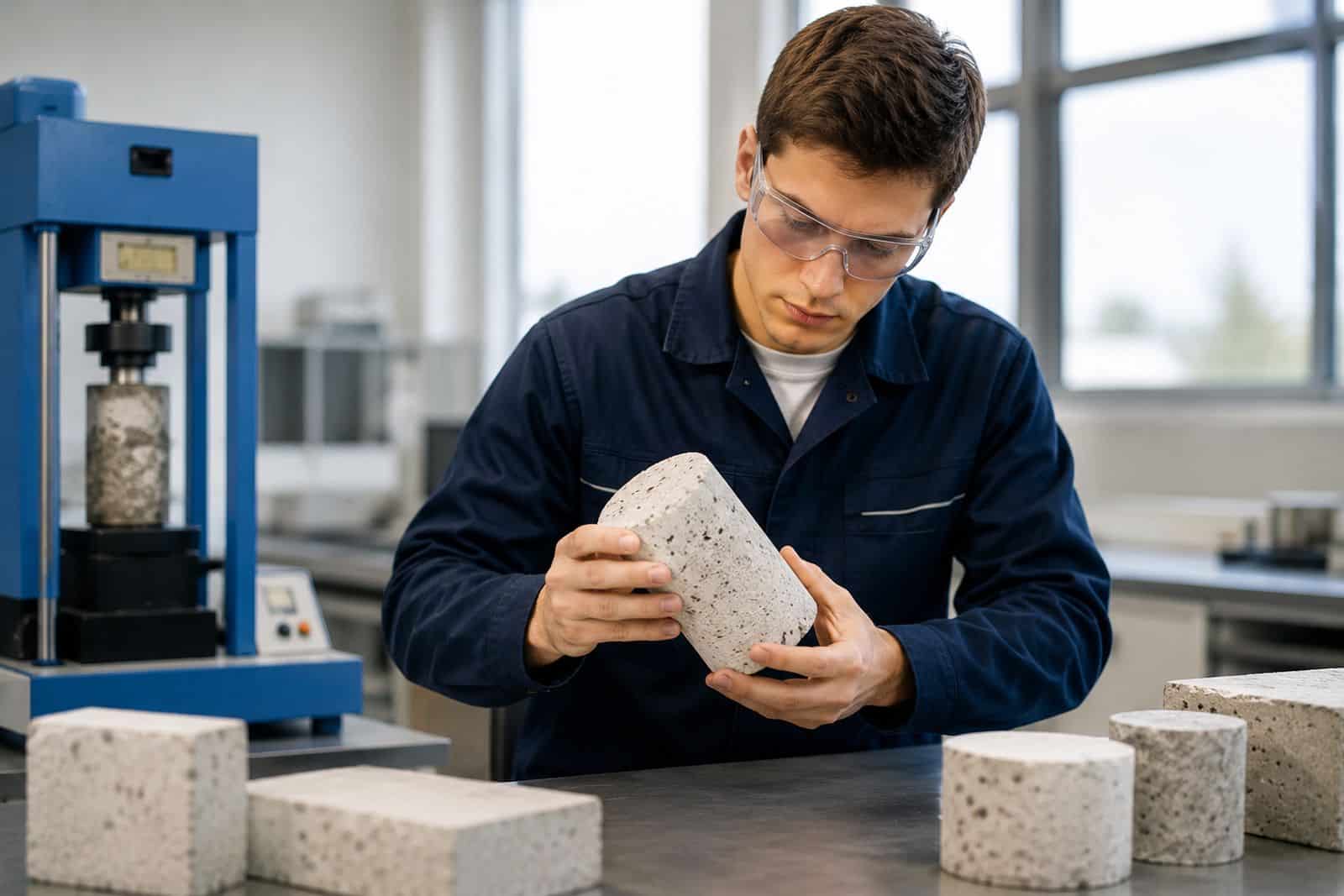 Lehrlingsportal.at Ein Mann mit Schutzbrille untersucht in einem Labor eine zylindrische Betonprobe, während auf dem Tisch ähnliche Proben und eine Prüfmaschine zu sehen sind.