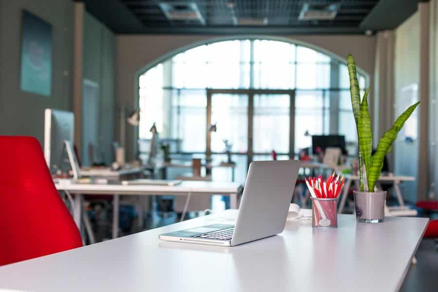 Lehrlingsportal.at Ein modernes Bürointerieur mit einem Laptop auf einem Schreibtisch, roten Stühlen, roten Stiften in einem Halter und einer großen Pflanze. Große Fenster im Hintergrund lassen natürliches Licht herein.