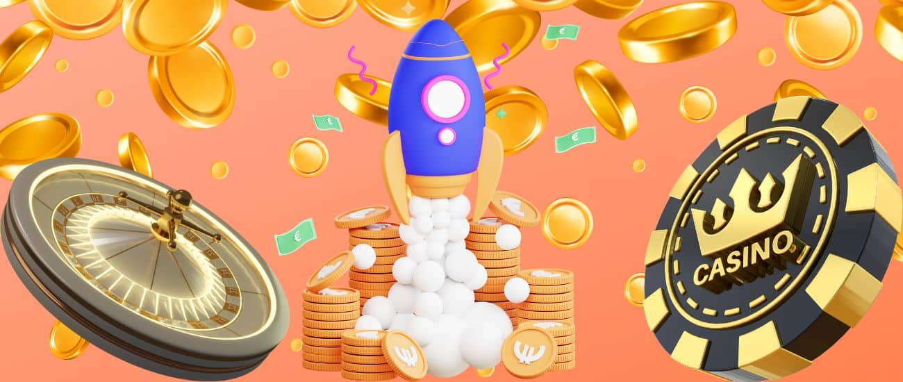 Lehrlingsportal.at Illustration einer Rakete, die zwischen Haufen von Goldmünzen, einem Rouletterad und einem Casino-Chip auf orangefarbenem Hintergrund startet.