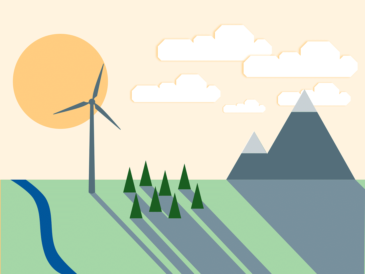 Lehrlingsportal.at Illustration einer Landschaft mit Windrad, Fluss, Bäumen, Bergen und Wolken unter einer großen Sonne.