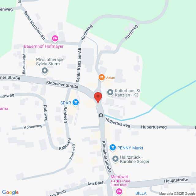Lehrlingsportal.at Karte mit einem mit einer roten Stecknadel markierten Standort an einer Straßenkreuzung in Sankt Kanzian, Österreich. In der Nähe befinden sich SPAR, das Kulturhaus St. Kanzian und der Penny Markt.