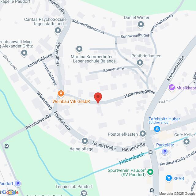 Lehrlingsportal.at Karte mit einem mit einer roten Stecknadel markierten Standort in der Halterbergstraße, umgeben von beschrifteten Straßen und Geschäften, darunter Weinbau Viti GesbR und Musikkapelle.