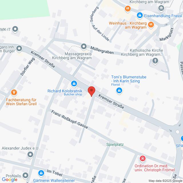 Lehrlingsportal.at Eine Karte der Kremser Straße in Kirchberg am Wagram, Österreich, einschließlich nahegelegener Sehenswürdigkeiten wie einer Metzgerei, einem Blumenladen und einer Kirche.