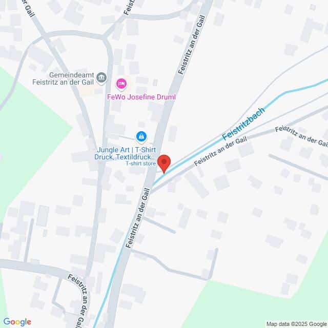 Lehrlingsportal.at Karte mit einer Standortmarkierung in Feistritz an der Gail und nahegelegenen Sehenswürdigkeiten wie dem T-Shirt-Shop Jungle Art und der FeWo Josefine Druml. Straßen und Gebäude sind sichtbar.