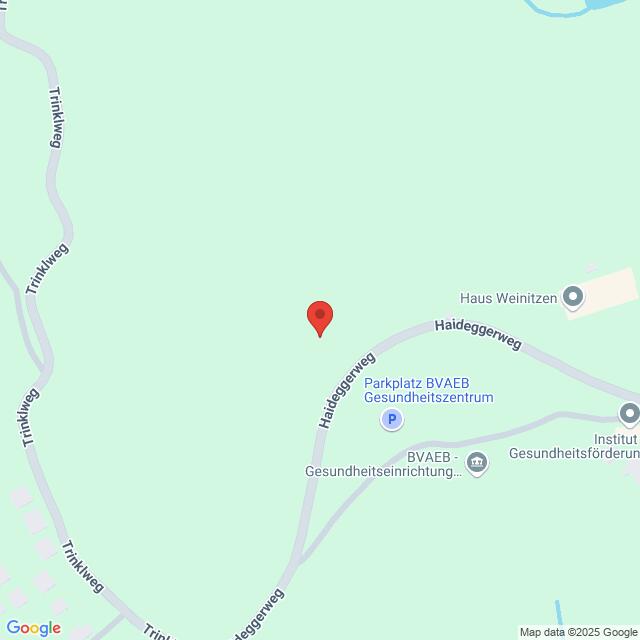 Lehrlingsportal.at Karte mit einem durch eine rote Stecknadel markierten Ort am Haideggerweg. Zu den Sehenswürdigkeiten in der Nähe gehören der Trinkweg, das Haus Weinitzen und ein Parkplatz des BVAEB Gesundheitszentrums.