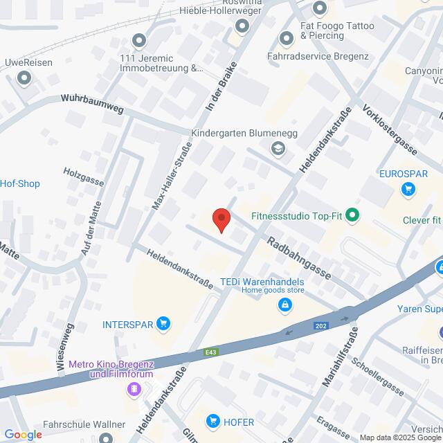 Lehrlingsportal.at Karte mit einem mit einer roten Stecknadel markierten Standort in der Nähe der Heldenstraße und Heldendankstraße in Bregenz, Österreich. Zu den nahegelegenen Sehenswürdigkeiten zählen INTERSPAR und die TEDi Warenhandels GmbH.