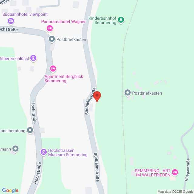 Lehrlingsportal.at Karte mit einem Abschnitt von Semmering, Österreich, mit hervorgehobener Straße Südhamnstraße. Zu den Sehenswürdigkeiten in der Nähe gehören das Panoramahotel Wagner, der Postbriefkasten und das Hochstraßenmuseum Semmering.