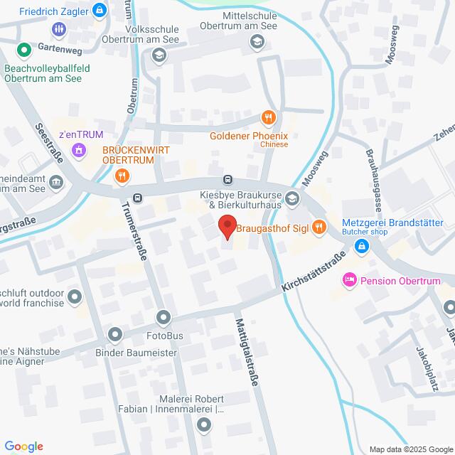 Lehrlingsportal.at Eine Karte, die den Standort des „Braugasthof Sigl“ zeigt, umgeben von verschiedenen Straßen und Sehenswürdigkeiten wie der Metzgerei Brandstätter und der Pension Obertrum.