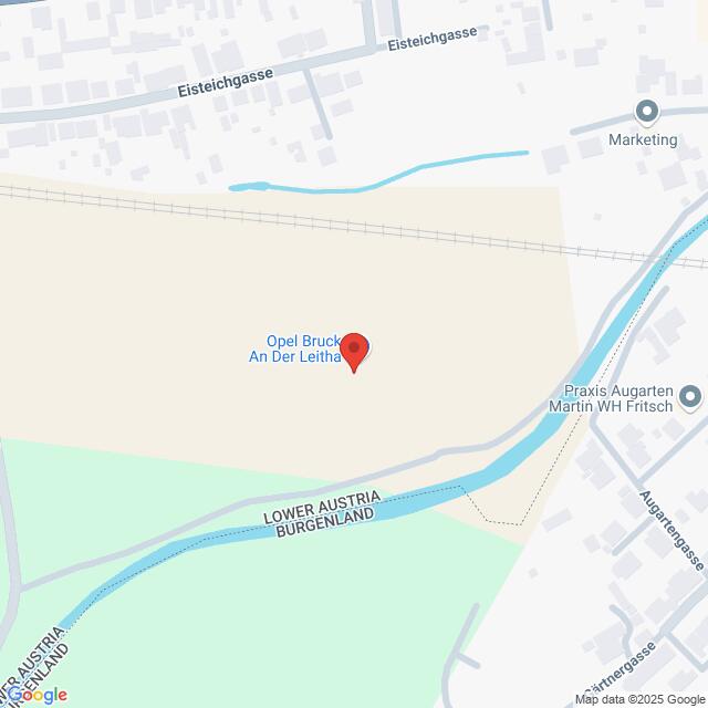 Lehrlingsportal.at Karte: Opel Bruck an der Leitha ist mit einer roten Stecknadel markiert. Die umliegenden Straßen sind die Eisteichgasse und die Augartengasse. Ein Fluss fließt durch das Gebiet.