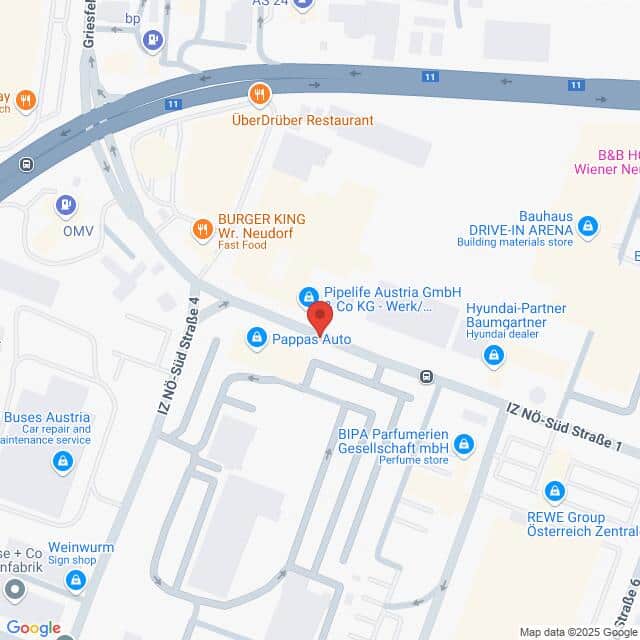 Lehrlingsportal.at Karte mit dem Standort der Pipeline Austria GmbH und nahegelegenen Unternehmen wie Burger King, Bauhaus, Pappas Auto und der REWE Group. Straßen und Infrastruktur sind gekennzeichnet.
