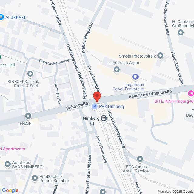Lehrlingsportal.at Karte eines Stadtteils von Himberg, Österreich, mit einer roten Ortsmarkierung an der Bahnstraße. In der Nähe befinden sich die Franz-Lehar-Gasse und die Rahenwartherstraße. Umliegende Geschäfte sind gekennzeichnet.