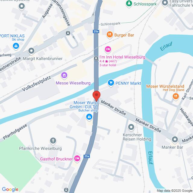 Lehrlingsportal.at Kartenansicht von Wieselburg, Österreich, mit Straßen, dem Fluss Erlauf und Sehenswürdigkeiten wie Hotels, einem Lebensmittelgeschäft und Restaurants.