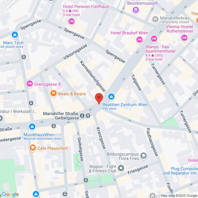 Lehrlingsportal.at Karte mit einem markierten Standort in der Mariahilfer Straße, einschließlich der nahegelegenen Geschäfte und Straßen, einschließlich der Geibelgasse und der Kaiserstraße.