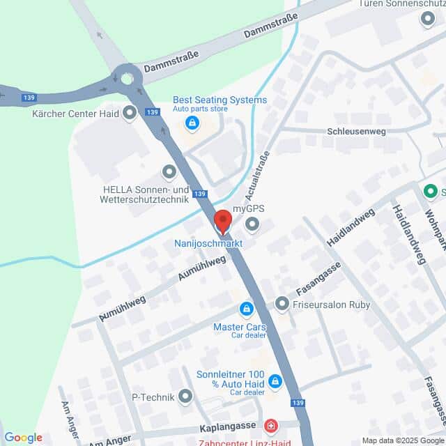 Lehrlingsportal.at Karte mit markierten Standorten wie Nanjoschmarkt und Master Cars, durchschnitten von Hauptstraße und Dammstraße. Geschäfte und Straßen in der Nähe sind gekennzeichnet.