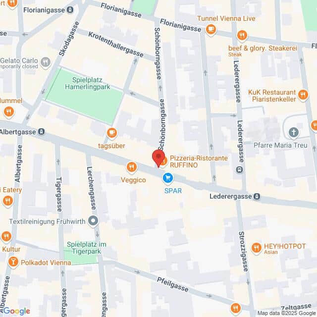 Lehrlingsportal.at Karte, die einen Teil von Wien, Österreich, zeigt und Straßen und interessante Orte wie Restaurants, Parks und Geschäfte hervorhebt. Eine Markierung zeigt „Pizzeria-Ristorante RUFFINO“ an.