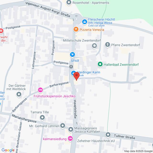 Lehrlingsportal.at Karte mit einem Standort an der Hauptstraße in Zwentendorf an der Donau, Österreich, mit nahegelegenen Sehenswürdigkeiten wie einer Pizzeria, Schulen und verschiedenen Geschäften.