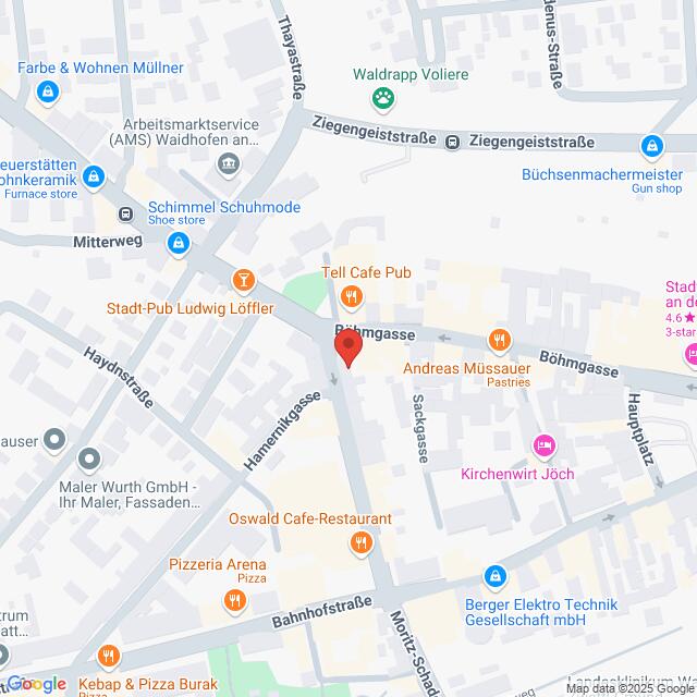 Lehrlingsportal.at Karte eines Teils von Innsbruck, Österreich, mit einer roten Stecknadel, die den Bereich Stiftgasse markiert. In der Nähe befinden sich das Tell Cafe Pub, Andreas Müsaauer und das Oswald Cafe-Restaurant.