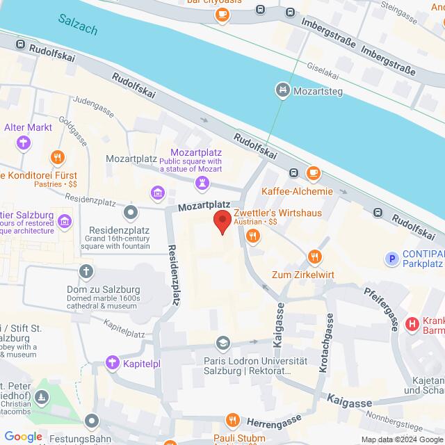 Lehrlingsportal.at Karte des Mozartplatzes in Salzburg, Österreich, mit nahegelegenen Straßen, dem Fluss und Standortstecknadeln für Zwettler's Wirtshaus und andere Sehenswürdigkeiten.