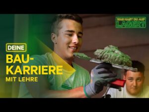 Lehrlingsportal.at Zwei junge Menschen arbeiten mit Baumaterialien; einer hält eine Kelle mit Mörtel. Der Text auf Deutsch wirbt für eine Baukarriere mit Lehre.