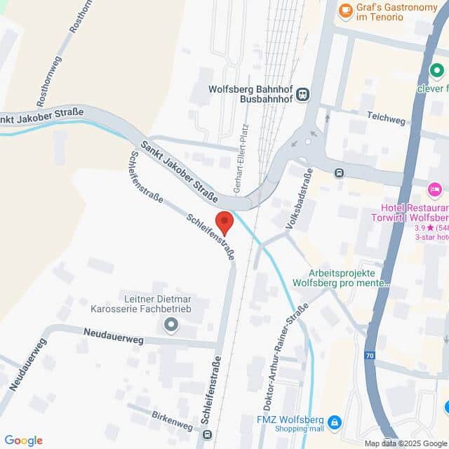 Lehrlingsportal.at Karte mit Straßen rund um den Busbahnhof Wolfsberg Bahnhof, einschließlich Sankt Jakober Straße, Schleifenstraße und Oktoverstraße. In der Nähe befindliche Sehenswürdigkeiten und Unternehmen werden angezeigt.