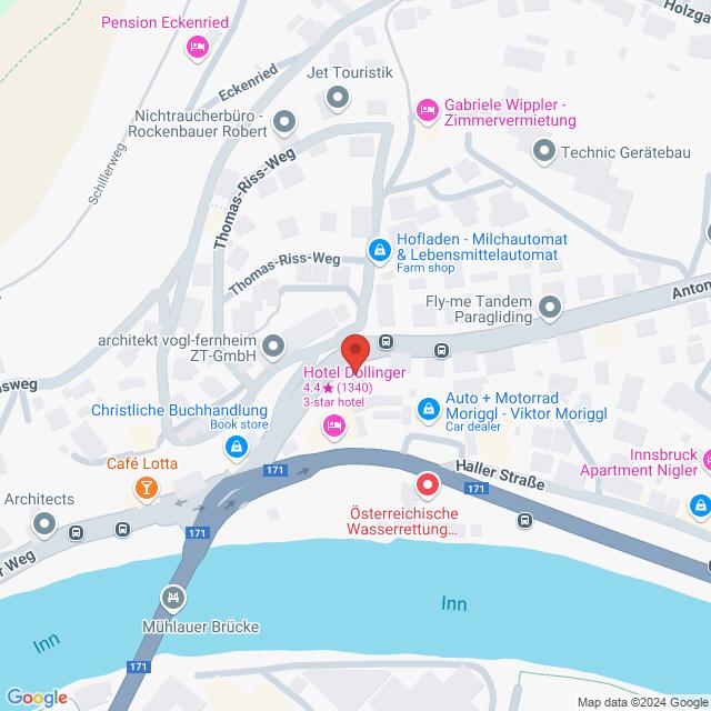 Lehrlingsportal.at Karte mit der Lage des Hotels Dollinger in Innsbruck, Österreich, in der Nähe des Inn, mit Beschriftungen der umliegenden Geschäfte und Straßen.