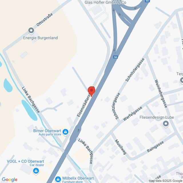 Lehrlingsportal.at Karte mit einer Straßenkreuzung in Oberwart, der Eisenstädterstraße und nahegelegenen Unternehmen wie Energie Burgenland.