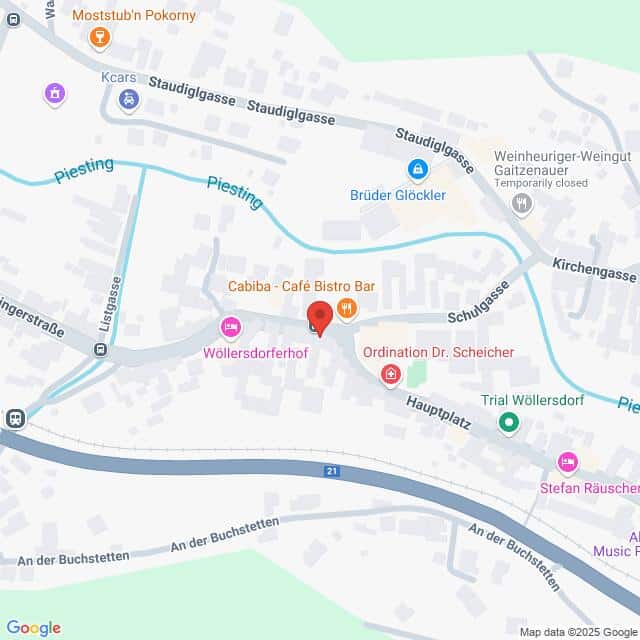 Lehrlingsportal.at Karte mit Straßen und Geschäften in Wöllersdorf, Österreich, einschließlich der Cabiba Café Bistro Bar und der Piesting. Nahegelegene Straßen sind der Hauptplatz und die Kirchengasse.