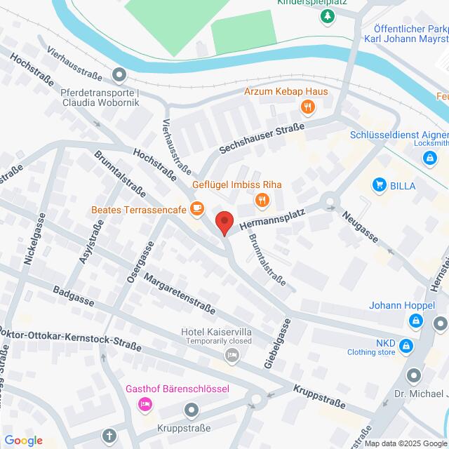 Lehrlingsportal.at Karte mit dem Hermannsplatz in Bad Ischl, Österreich, mit einer roten Stecknadel markiert. Zu den umliegenden Straßen gehören die Hochstraße, die Asylstraße und die Eglmoosgasse. In der Umgebung sind mehrere Geschäfte eingezeichnet.