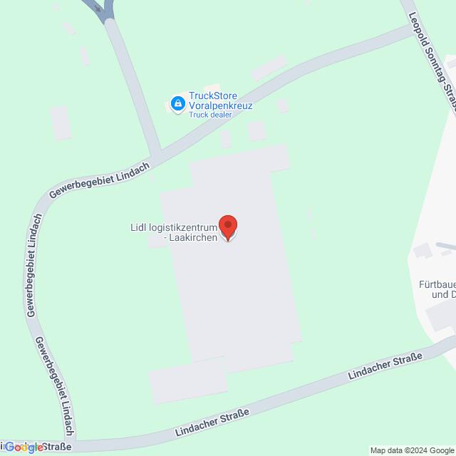 Lehrlingsportal.at Kartenansicht mit dem Standort des Lidl Logistikzentrums in Laakirchen, umgeben vom Gewerbegebiet Lindach und der Lindacher Straße. In der Nähe ist ein TruckStore Voralpenkreuz markiert.