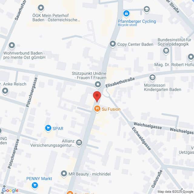 Lehrlingsportal.at Kartenansicht mit einem als „Su Fusion“ gekennzeichneten Standort an der Kreuzung Elisabethstraße/Weichelsgasse, umgeben von verschiedenen Geschäften und Sehenswürdigkeiten in einem Stadtgebiet.