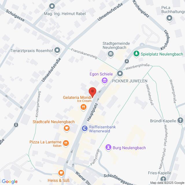 Lehrlingsportal.at Karte mit einem Ausschnitt von Neulengbach, mit hervorgehobenem Hauptplatz. Zu den nahe gelegenen Standorten gehören das Stadtcafé Neulengbach, die Raiffeisenbank Wienerwald und die Gelateria Moni.