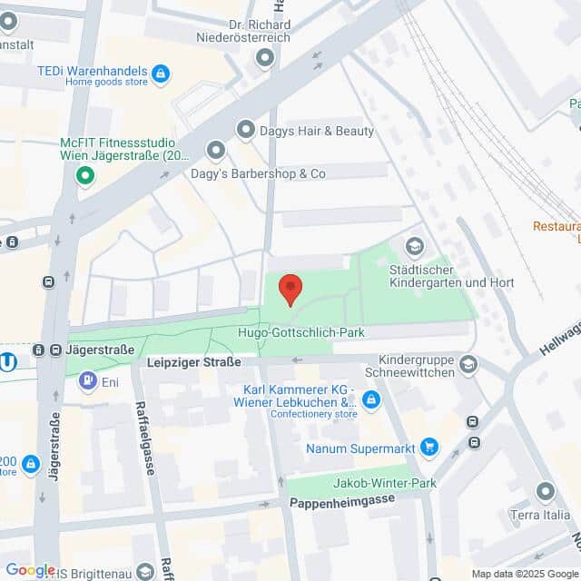 Lehrlingsportal.at Kartenansicht mit dem Hugo-Gottschlich-Park in Wien. In der Nähe befinden sich Unternehmen wie McFIT Fitnessstudio, Nanum Supermarkt und Dagy's Hair & Beauty. Zu den umliegenden Straßen gehören die Jägerstraße und die Leipziger Straße.