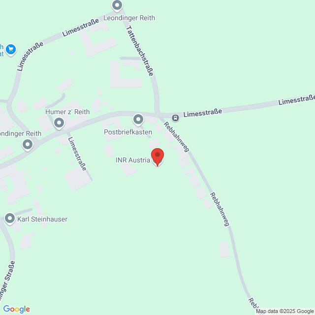 Lehrlingsportal.at Karte mit der Lage von INR Austria am Rebhahnweg, mit den umliegenden Straßen Limessstraße und Tavernackerstraße. Eingezeichnete Orte in der Nähe sind Humer’s Reith und Postbriefkasten.