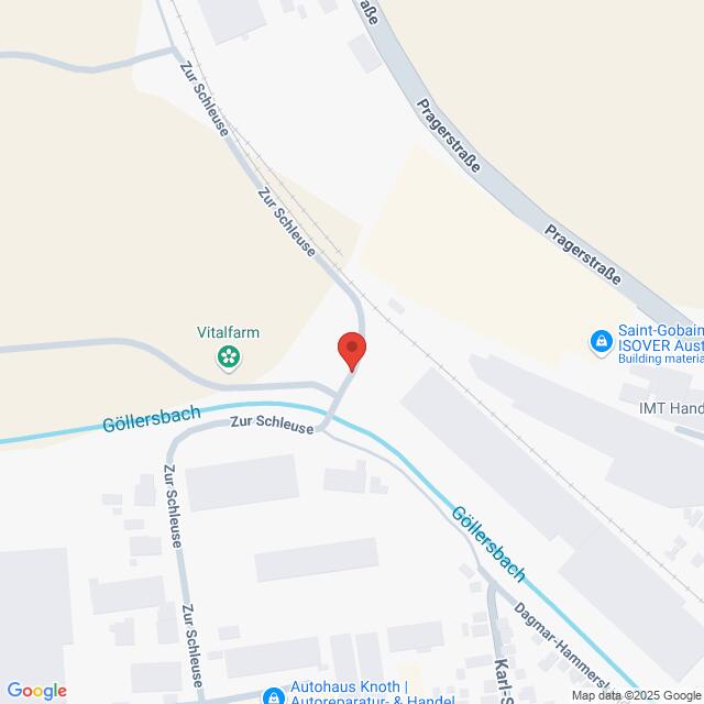 Lehrlingsportal.at Kartenansicht der Kreuzung Zur Schleuse und Pragerstraße, nahe dem Göllersbach. Zu den nahegelegenen Sehenswürdigkeiten zählen Saint-Gobain ISOVER Austria und Vitalfarm.