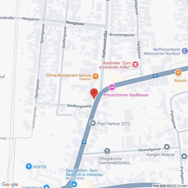 Lehrlingsportal.at Karte, die einen Teil einer Stadt mit eingezeichneten Straßen, örtlichen Geschäften und Sehenswürdigkeiten zeigt, darunter das China-Restaurant Servus und Post Partner 2273.