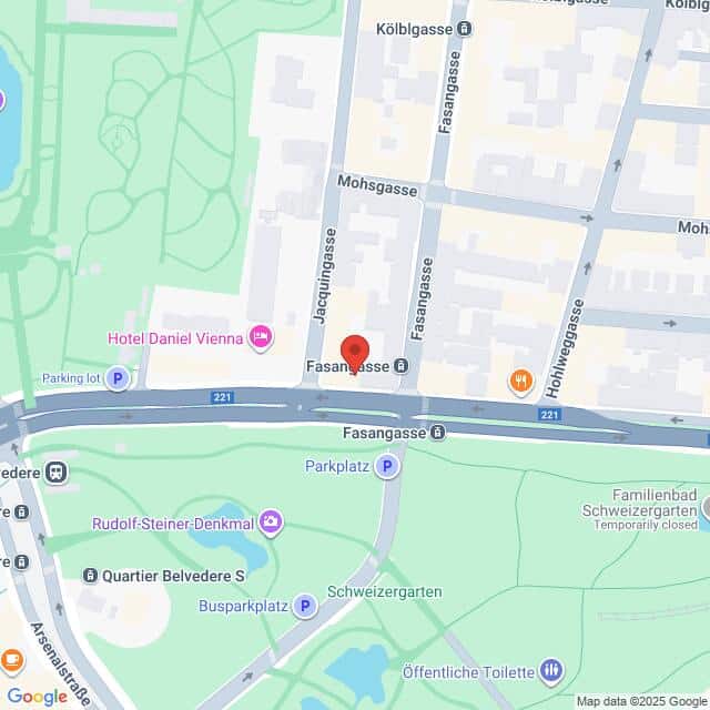 Lehrlingsportal.at Karte der Fasangasse in Wien, Österreich, in der Nähe von Schweizer Garten und Hotel Daniel Vienna. Nahegelegene Straßen sind Mohsgasse, Jaequingasse, und Hohlweggasse.
