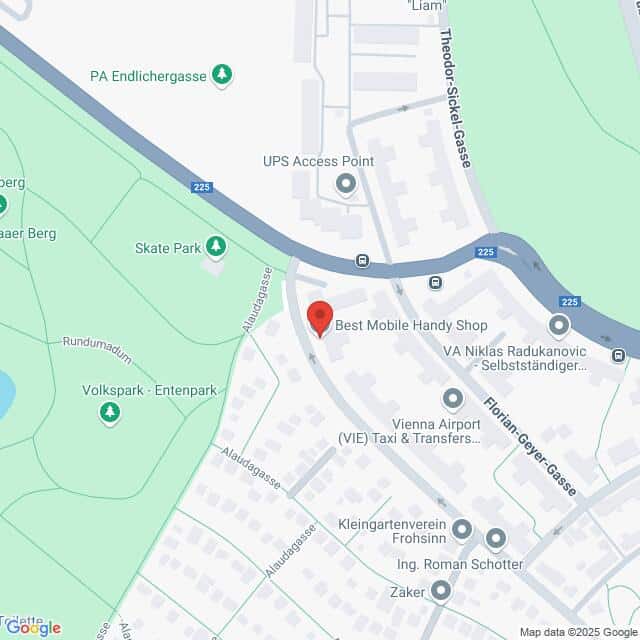 Lehrlingsportal.at Karte mit einem als „Bester Mobile Handy Shop“ gekennzeichneten Standort in der Nähe des Flughafens Wien, umgeben von Straßen und nahegelegenen interessanten Punkten wie Skatepark und Zugangspunkten.