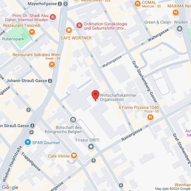 Lehrlingsportal.at Karte mit einem genau markierten Standort bei der Wirtschaftskammer-Organisation, umgeben von verschiedenen Restaurants und Cafés in einem Stadtgebiet.