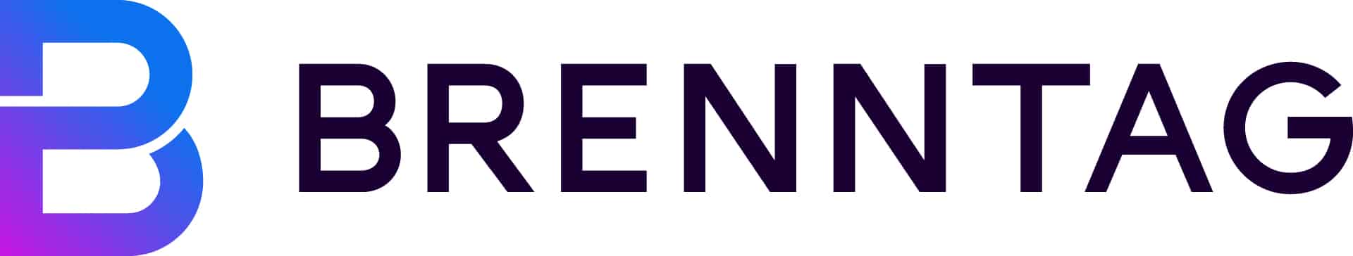 Lehrlingsportal.at Ein stilisiertes „B“ in einem Farbverlauf von Blau nach Pink, gefolgt vom Wort „Brenntag“ in dunklen, fetten Buchstaben.