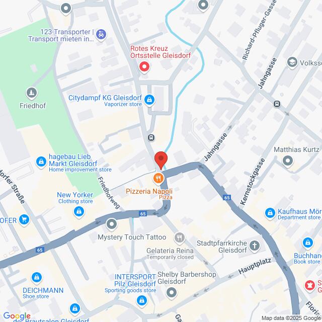 Lehrlingsportal.at Karte mit einem mit einer roten Stecknadel markierten Standort in der Nähe von Pizzeria Napoli und Citydampf KG Gleisdorf in einem Stadtgebiet mit Straßen- und Ladennamen.