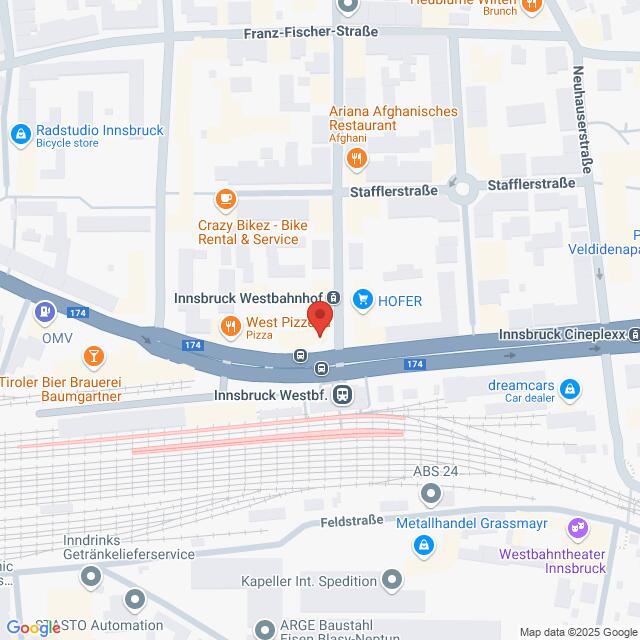Lehrlingsportal.at Karte, die den Bereich des Innsbrucker Westbahnhofs mit nahegelegenen Geschäften, Restaurants und Transportmöglichkeiten zeigt.