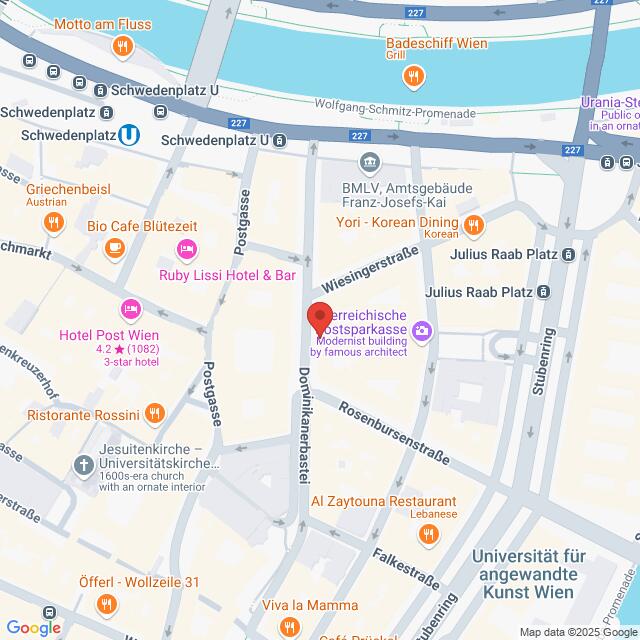 Lehrlingsportal.at Karte mit einem Ausschnitt von Wien in der Nähe des Julius-Raab-Platzes. Zu den Sehenswürdigkeiten zählen das Hotel Post Wien, das Griechenbeisl und die Universität für angewandte Kunst Wien.